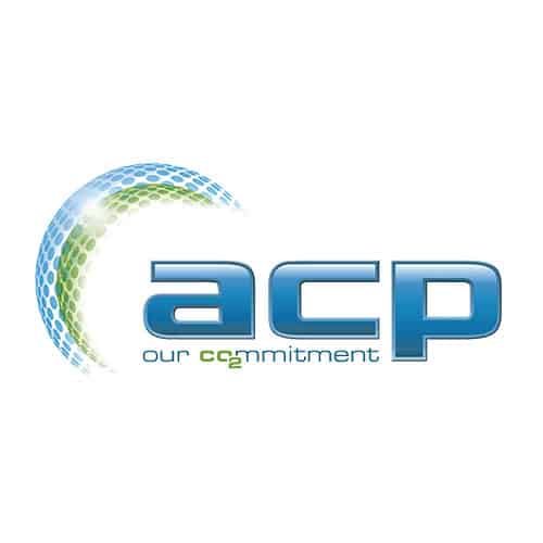 niebieskie i zielone logo ACP z hasłem na białym tle w dużym układzie kwadratowym