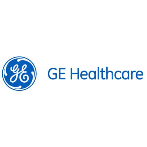 niebieskie logo General Electric Healthcare na białym tle w dużym kwadratowym układzie