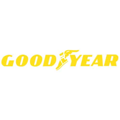 żółte logo Goodyear na białym tle w układzie kwadratowym