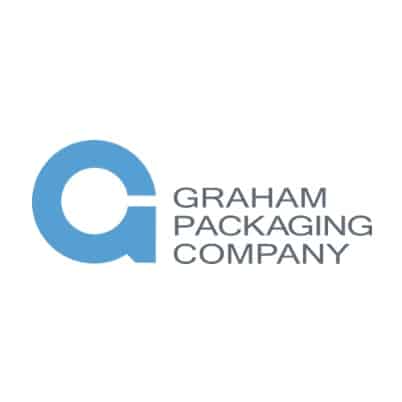 hellblaues und graues Graham Packaging Firmenlogo auf weißem Hintergrund im quadratischen Layout