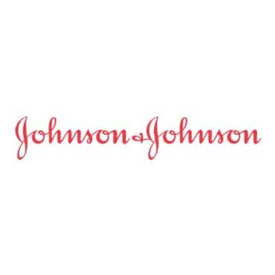rotes Johnson+Johnson Logo auf weißem Hintergrund im quadratischen Layout