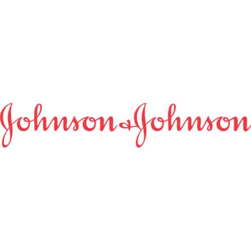 czerwone logo Johnson+Johnson na białym tle w układzie baneru