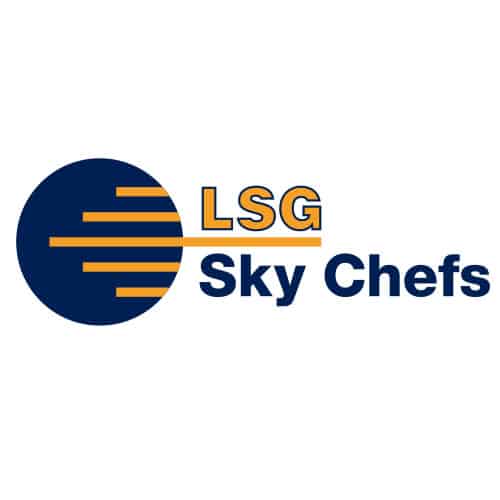 ciemnoniebieski i pomarańczowy LSG Sky Chefs logo na białym tle w dużym kwadratowym układzie