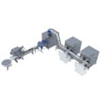 3D-Darstellung einer vollautomatischen Trockeneisproduktionslinie mit zwei Pelletierern, Förderstrecke, Verpackungsmodul, Drehteller und mehreren Isolierboxen für die Befüllung.