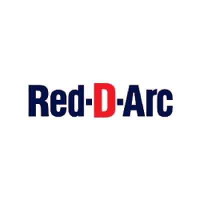 rotes und schwarzes Red-D-Arc-Logo auf weißem Hintergrund im quadratischen Layout