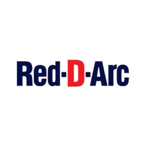 czerwone i czarne logo Red-D-Arc na białym tle w układzie baneru