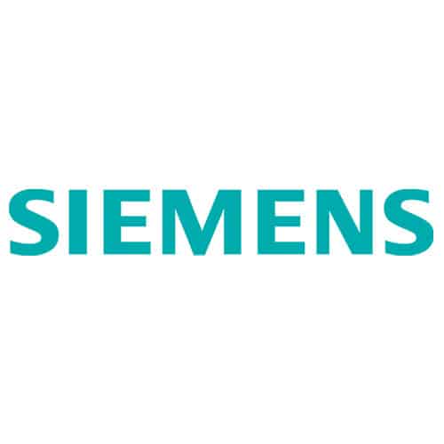 akwamarynowe logo Siemensa na białym tle w układzie baneru